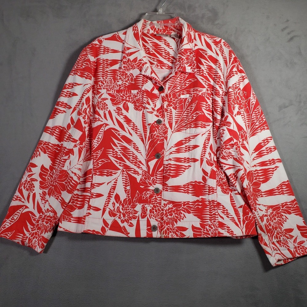 Chicos Blazer Jacket Women XL/3‎ Red White Tropical Floral Print Stretch Office